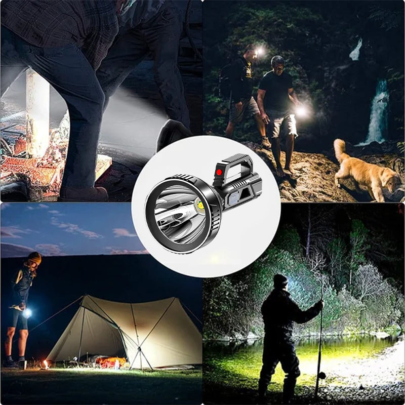 Linterna LED portátil con foco de largo alcance, alta potencia, esencial para seguridad exterior y camping.