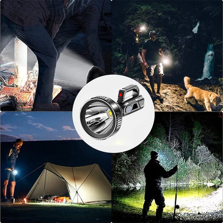 Linterna LED portátil con foco de largo alcance, alta potencia, esencial para seguridad exterior y camping.
