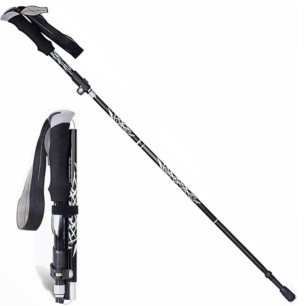 Bastón de senderismo retráctil automático premium para trekking en montaña, ligero y resistente.