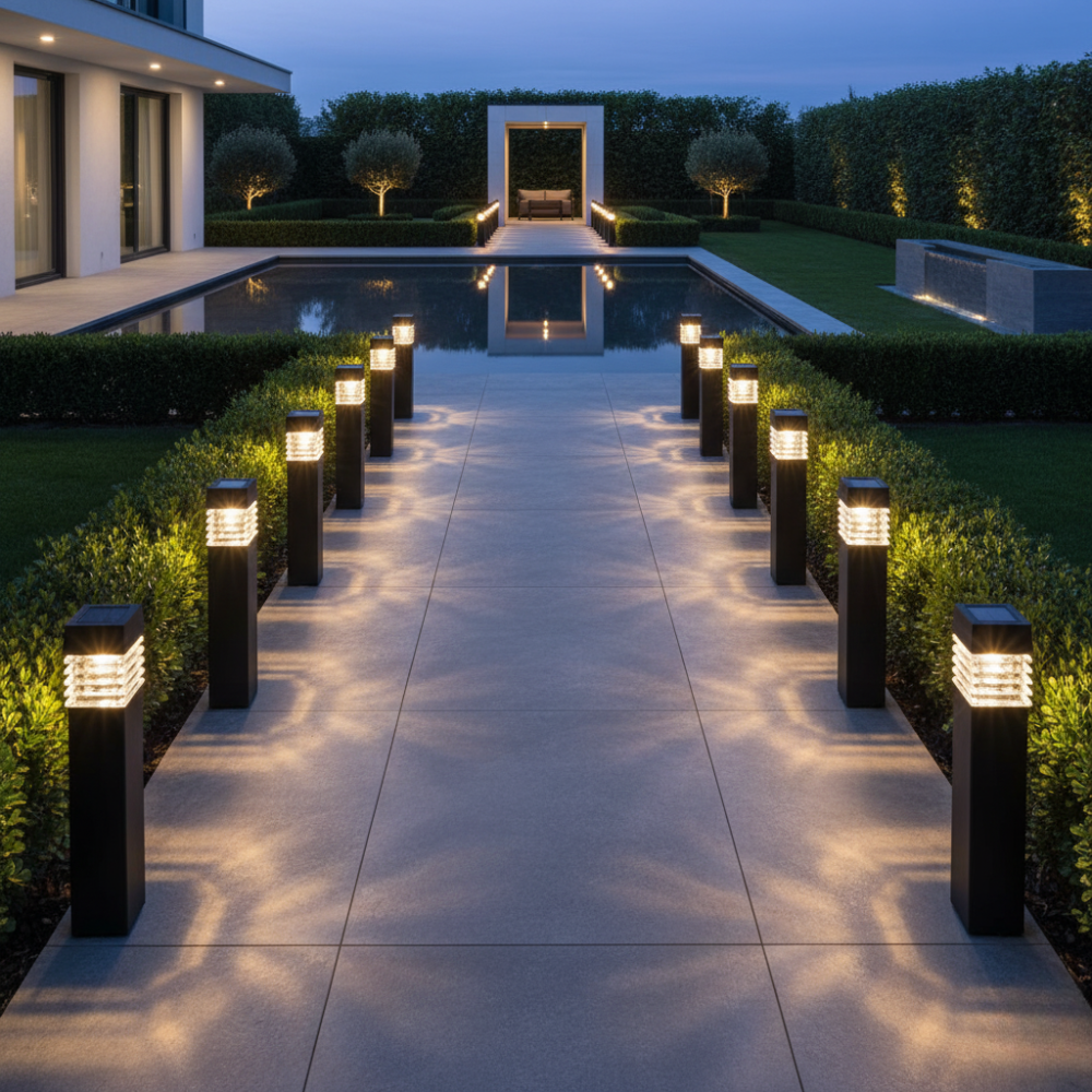 Lámpara solar moderna para jardín. Iluminación LED duradera, ecológica, patio.