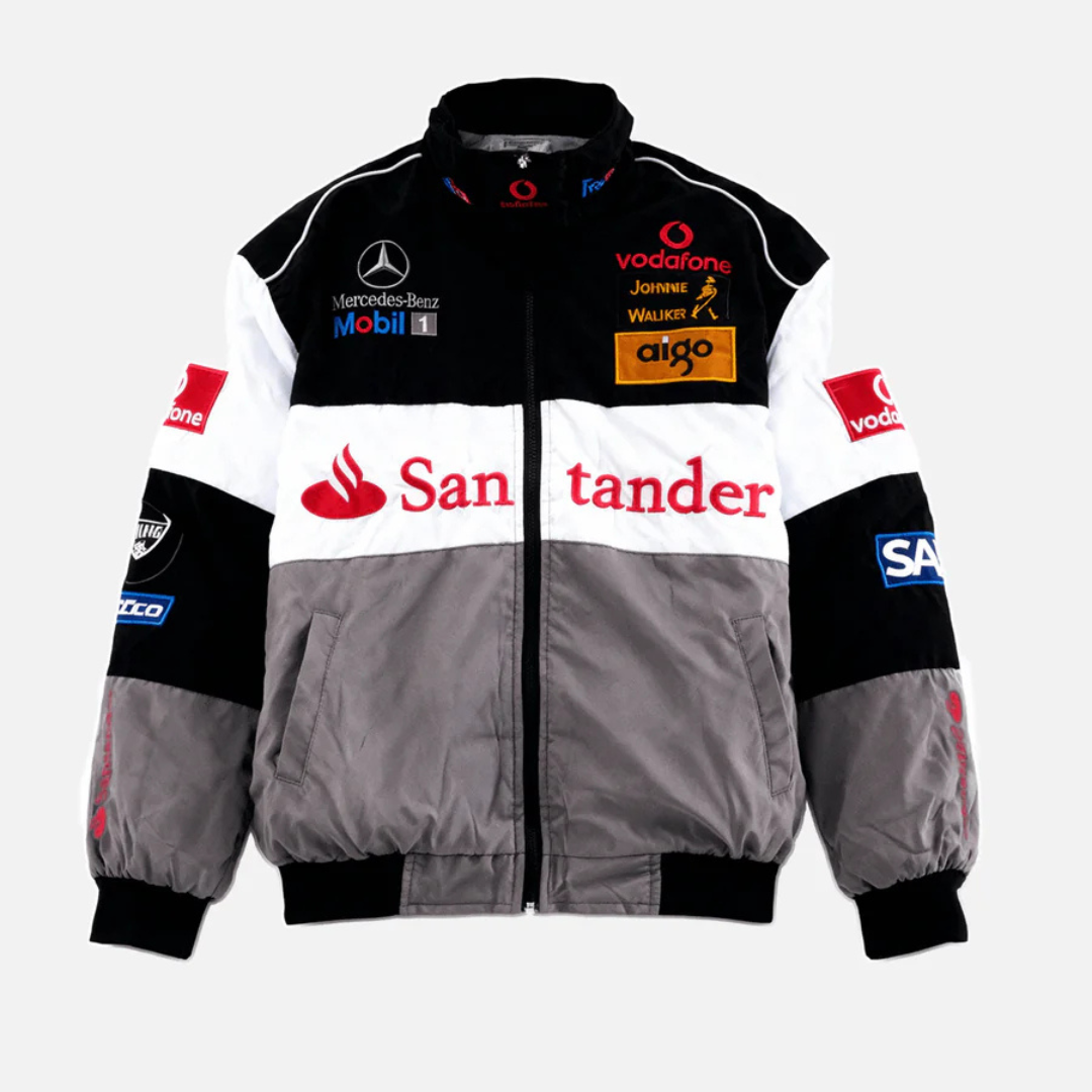 Chaqueta de carreras vintage unisex estilo retro atemporal. Abrigo deportivo casual y elegante para hombre y mujer.