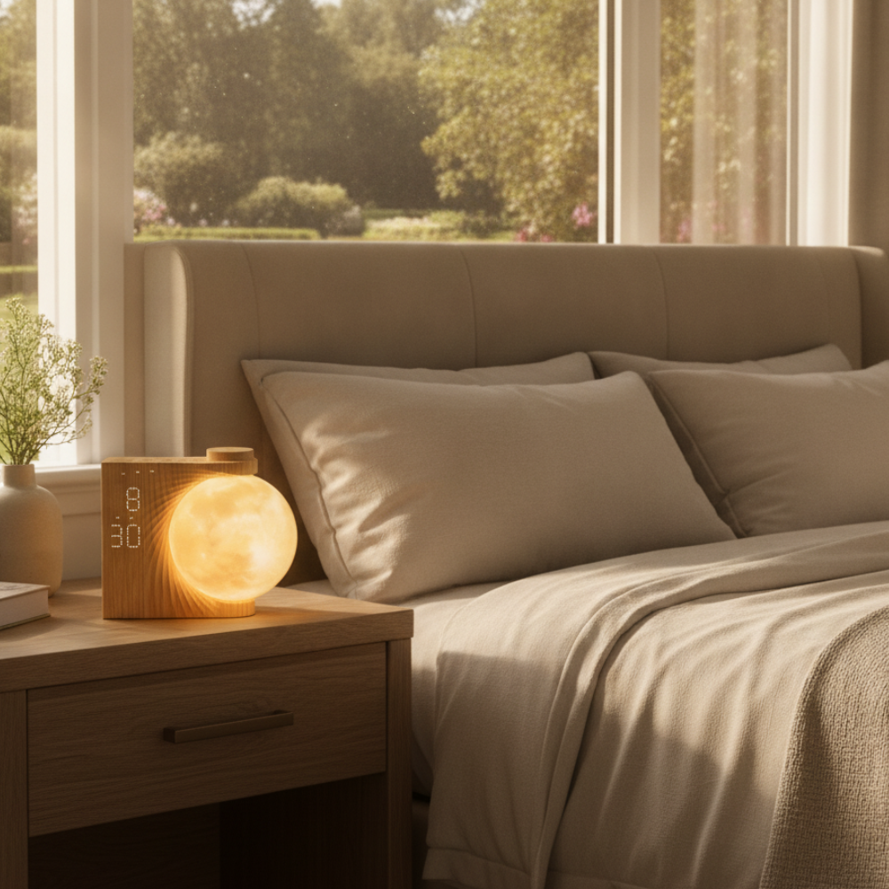 Reloj despertador moderno con luz de amanecer, lámpara de mesita y funciones para un hogar tranquilo.