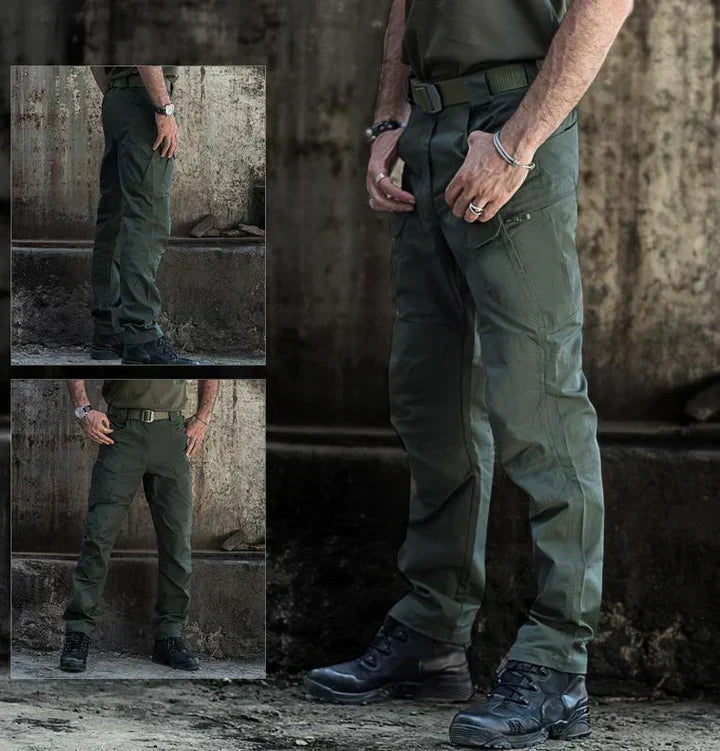 Vista frontal de pantalones cargo tácticos para hombre. Impermeables y secado rápido para cualquier actividad.