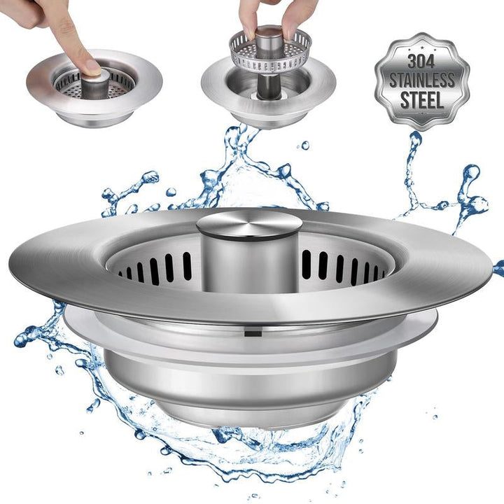 Solución 3 en 1 para fregadero: colador anti-obstrucción de acero inoxidable para cocina.