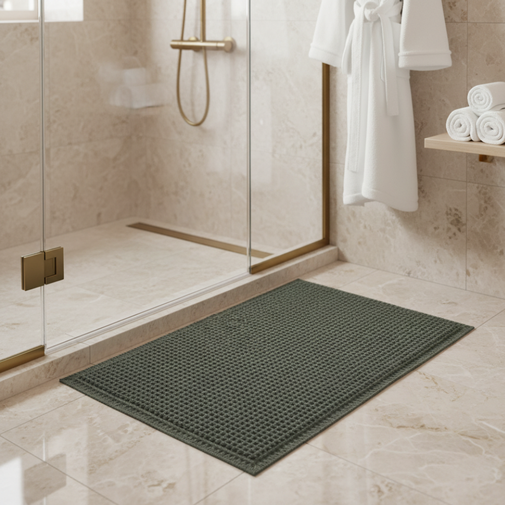 Alfombra de baño con borlas, super absorbente. Microfibra, diseño waffle elegante, lavable.