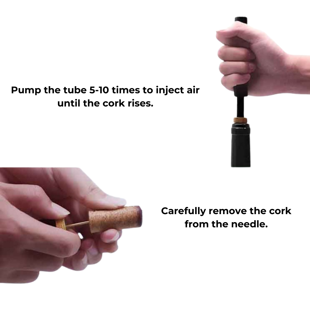 Descorchador de vino con aire, remueve el corcho inflando aire para una extracción limpia y rápida.