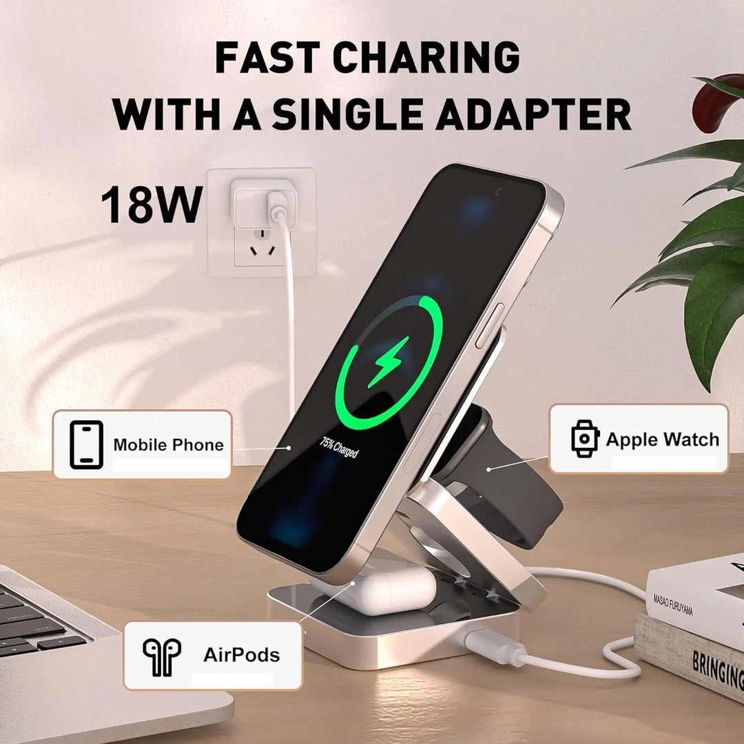 Base de carga magnética plegable 3 en 1. Carga inalámbrica rápida de 30W para dispositivos Apple.