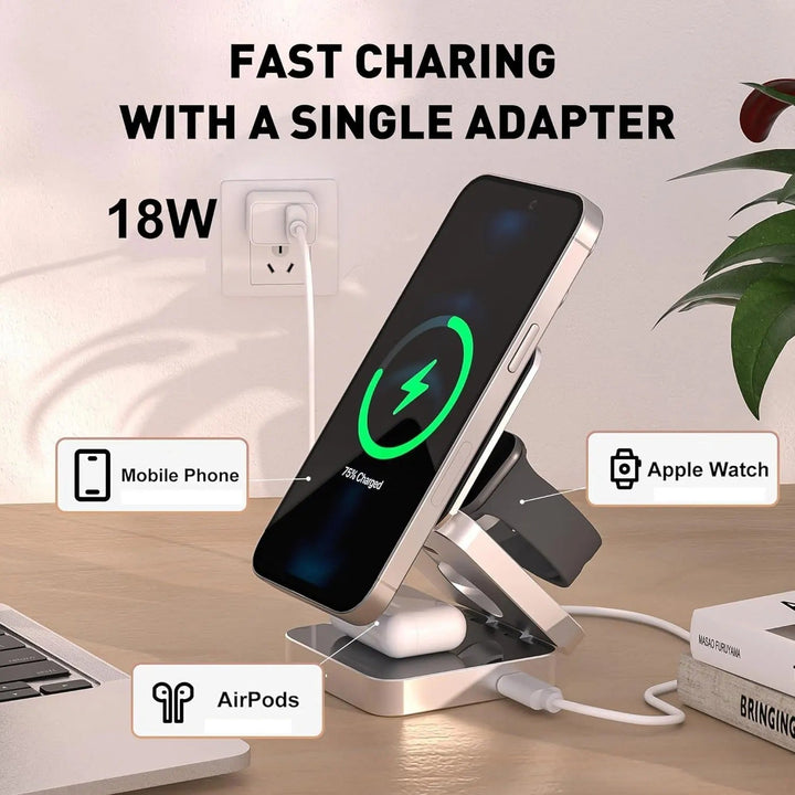 Base de carga magnética plegable 3 en 1. Carga inalámbrica rápida de 30W para dispositivos Apple.