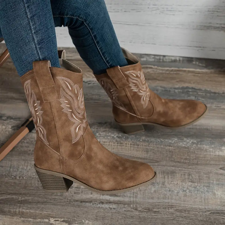 Botines retro GRETA de mujer color marrón claro con tacón grueso. Calzado elegante vintage para otoño.
