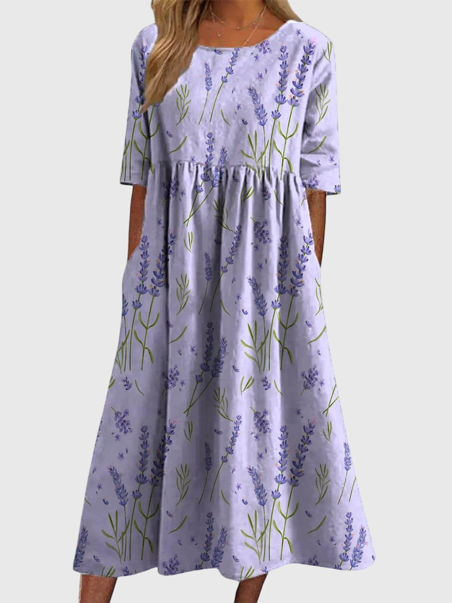 Vestido midi floral de mujer, versátil para primavera/verano. Ropa femenina con corte suelto y cómodo.