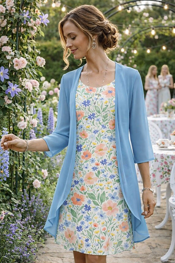Conjunto veraniego floral: vestido con estampado botánico y cárdigan ligero de mujer, versátil.