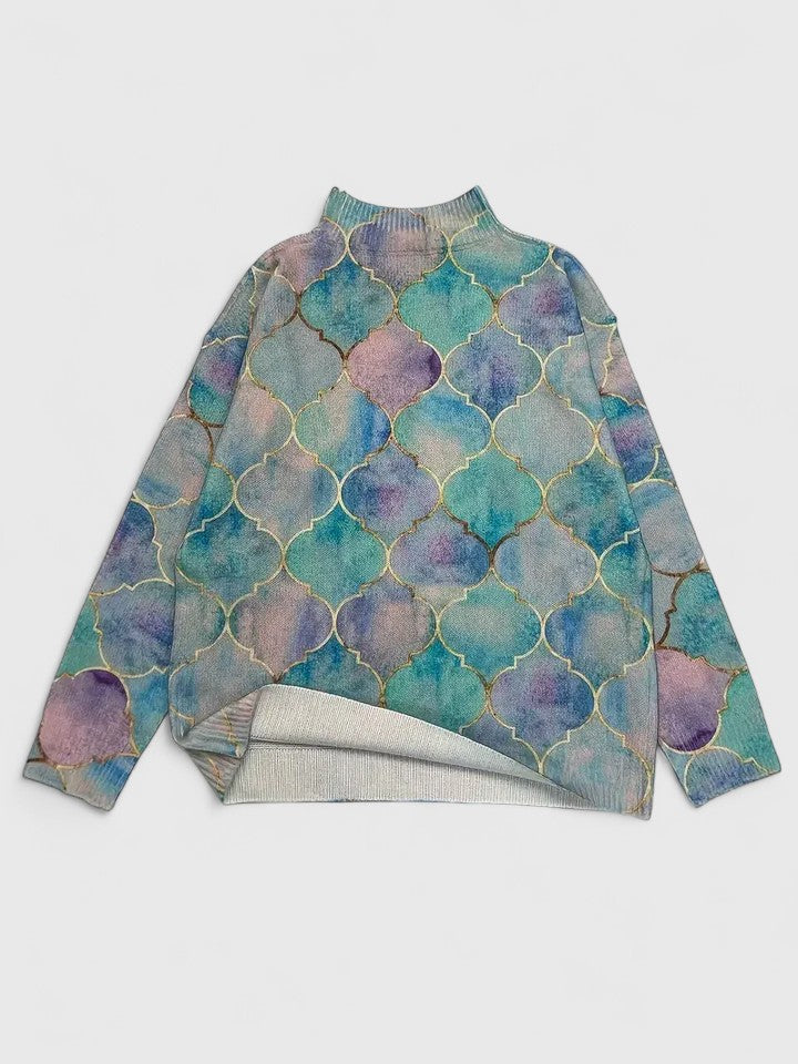 Elegante jersey de punto grueso multicolor con brillo para mujer. Estilo invernal de moda.