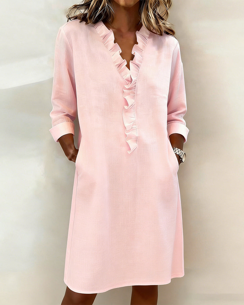 Vestido casual de mujer con escote V y volantes, ideal para primavera y verano. Ropa femenina cómoda.