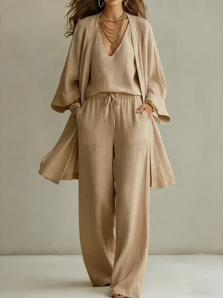 Outfit minimalista de lino y algodón para mujer. Conjunto versátil de 3 piezas, perfecto para un look fresco.