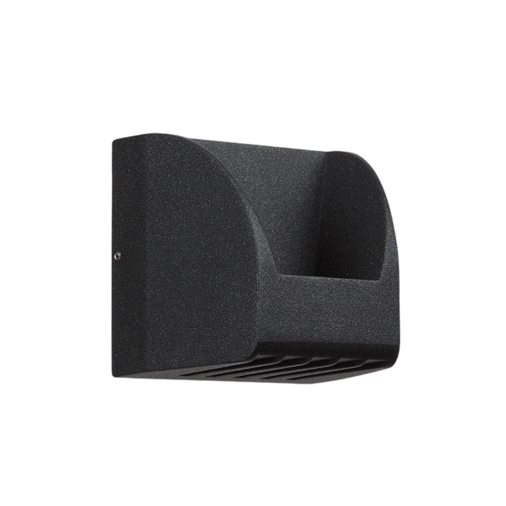 Lámpara de pared exterior LED negra, diseño industrial direccional para fachadas modernas.