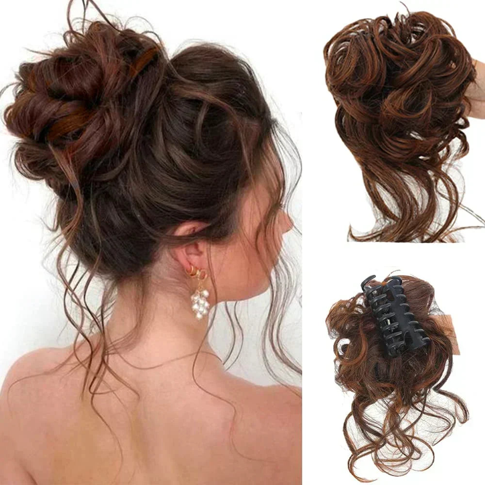 Moño rizado con clip, extensión de cabello sintético para volumen y estilo fácil.