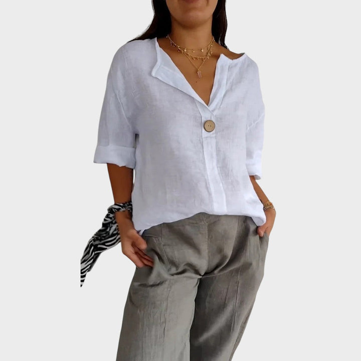 Blusa de lino para mujer en tallas grandes, escote V. Diseño holgado y transpirable, muy cómodo para verano.