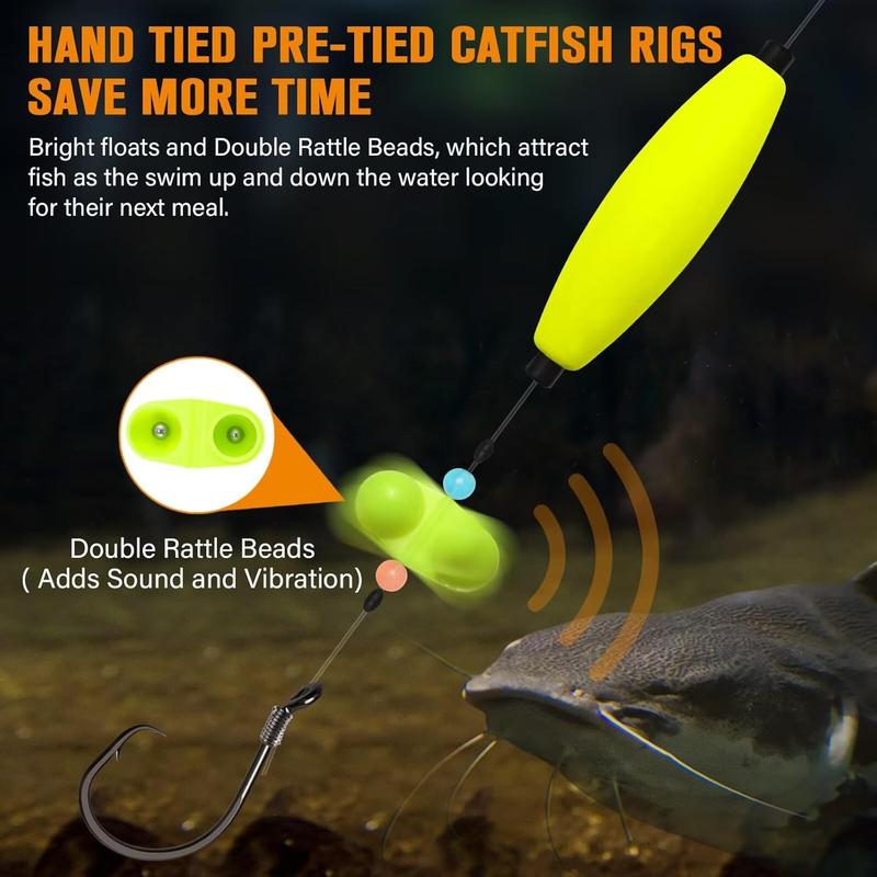 Primer plano de un aparejo de pesca para bagre con flotador de alta visibilidad y sistema de sonido.