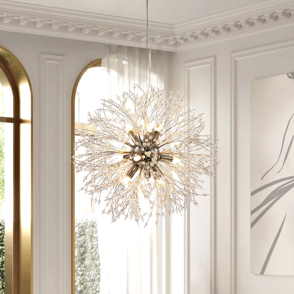 Lámpara de lujo Sputnik, 9 luces de cristal que simulan fuegos artificiales, base dorada.
