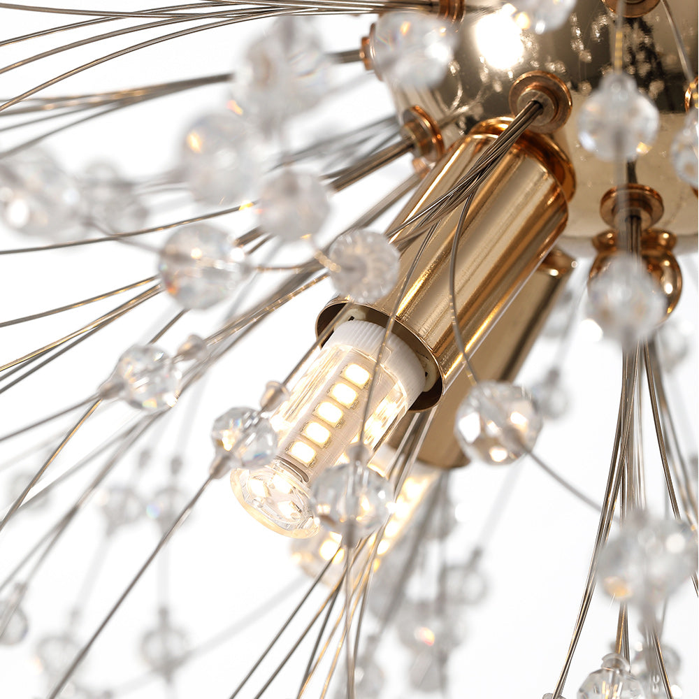 Candelabro Sputnik dorado, 9 luces de cristal, diseño exclusivo para salones elegantes.