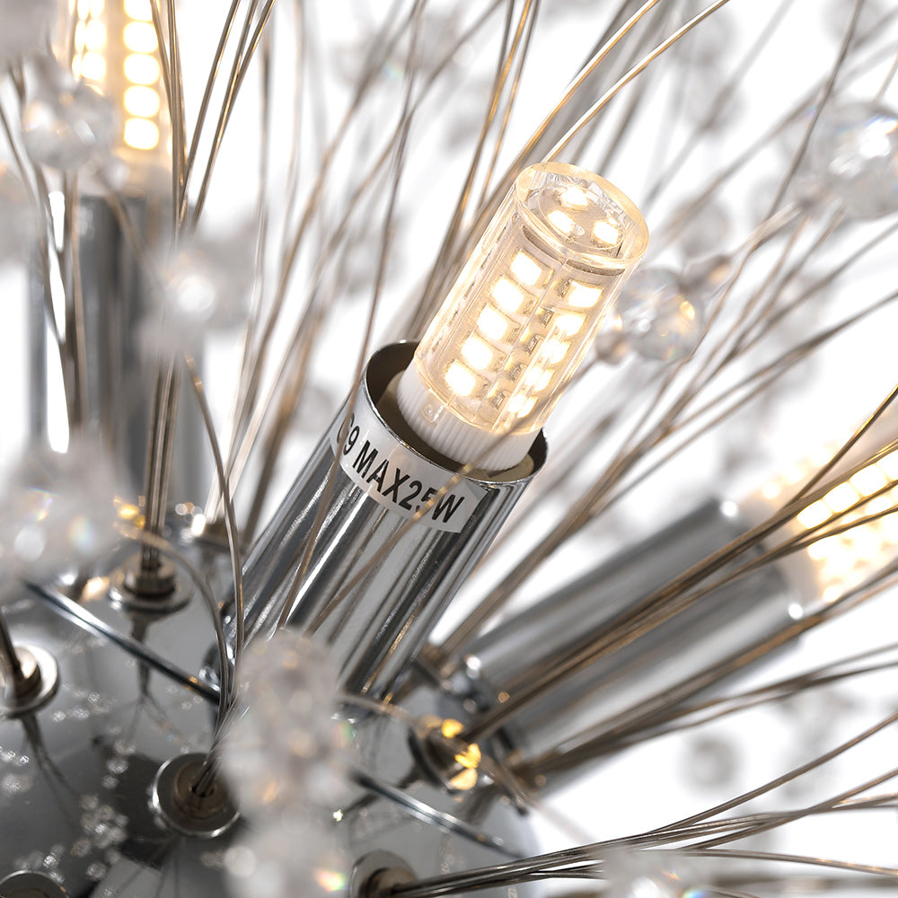 Lámpara de diseño Sputnik con 9 esferas de cristal, efecto fuegos artificiales, base cromo.