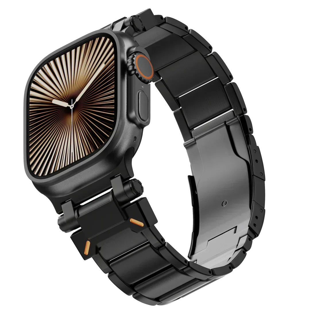 Elegante correa de titanio para smartwatch, muy ligera, resistente y con cierre seguro.