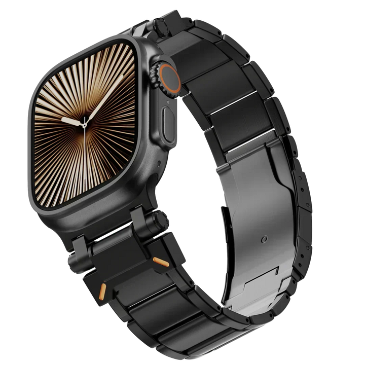 Elegante correa de titanio para smartwatch, muy ligera, resistente y con cierre seguro.