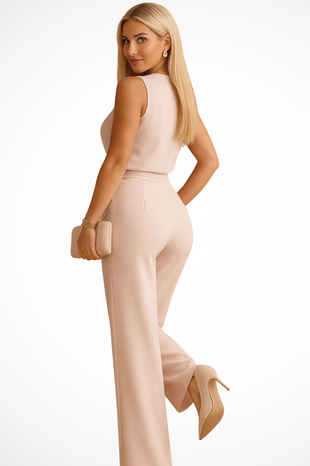 Mono elegante de mujer con escote cruzado y pierna ancha. Ideal para ropa de fiesta y eventos formales.