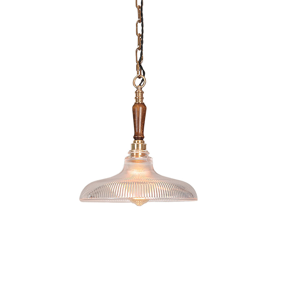 Lámpara colgante de techo con acabado de madera natural y detalles elegantes de latón para iluminación de hogar.