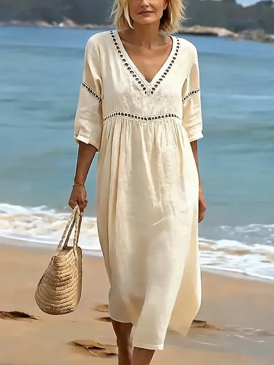 Look con vestido casual de algodón para mujer, cuello V, estilo fluido, perfecto para el verano.