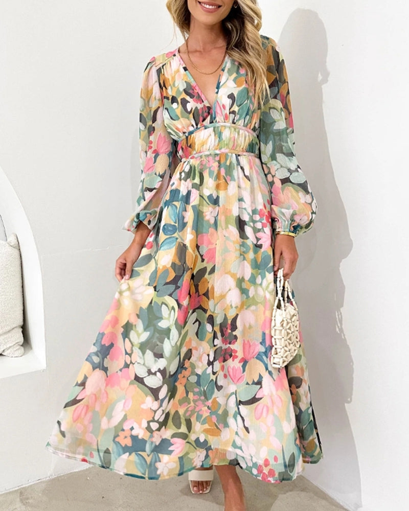 Vestido midi floral para mujer. Escote cruzado y vuelo romántico. Moda casual, primavera/verano.