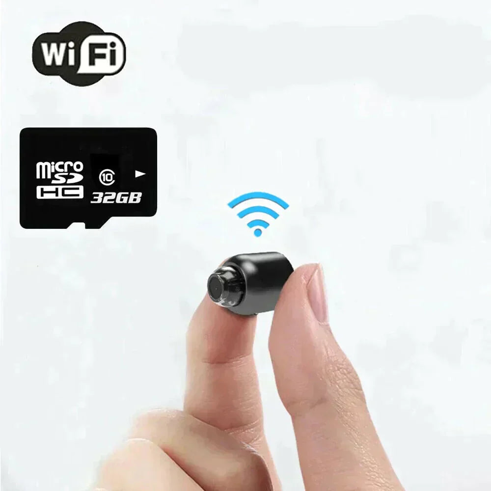 Pequeña cámara de seguridad WiFi Full HD fácil de instalar para vigilancia del hogar con visión nocturna.