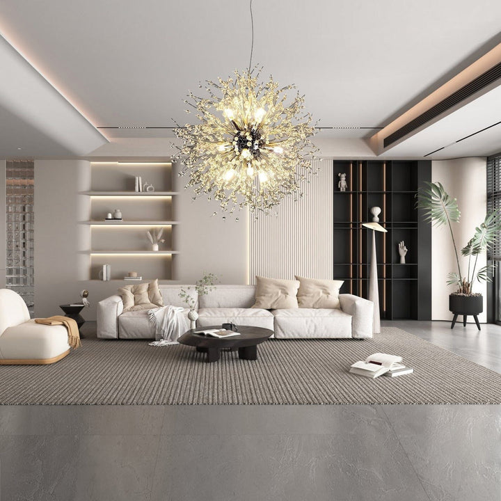 Lámpara de techo colgante LED de cristal diseño diente de león. Moderna iluminación para salón.