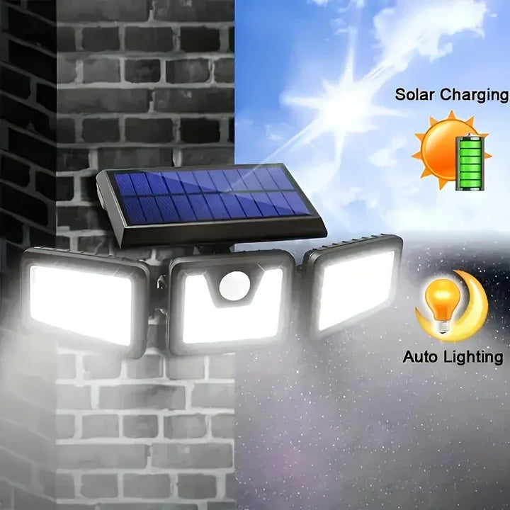 Foco LED solar de pared, fácil instalación, sensor de movimiento para seguridad de hogar y patio.