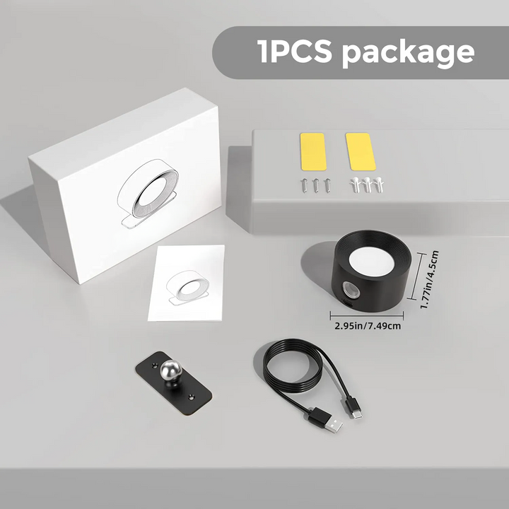 Lámpara LED recargable USB para pared, spotlight inalámbrico con luz regulable y giro 360°.