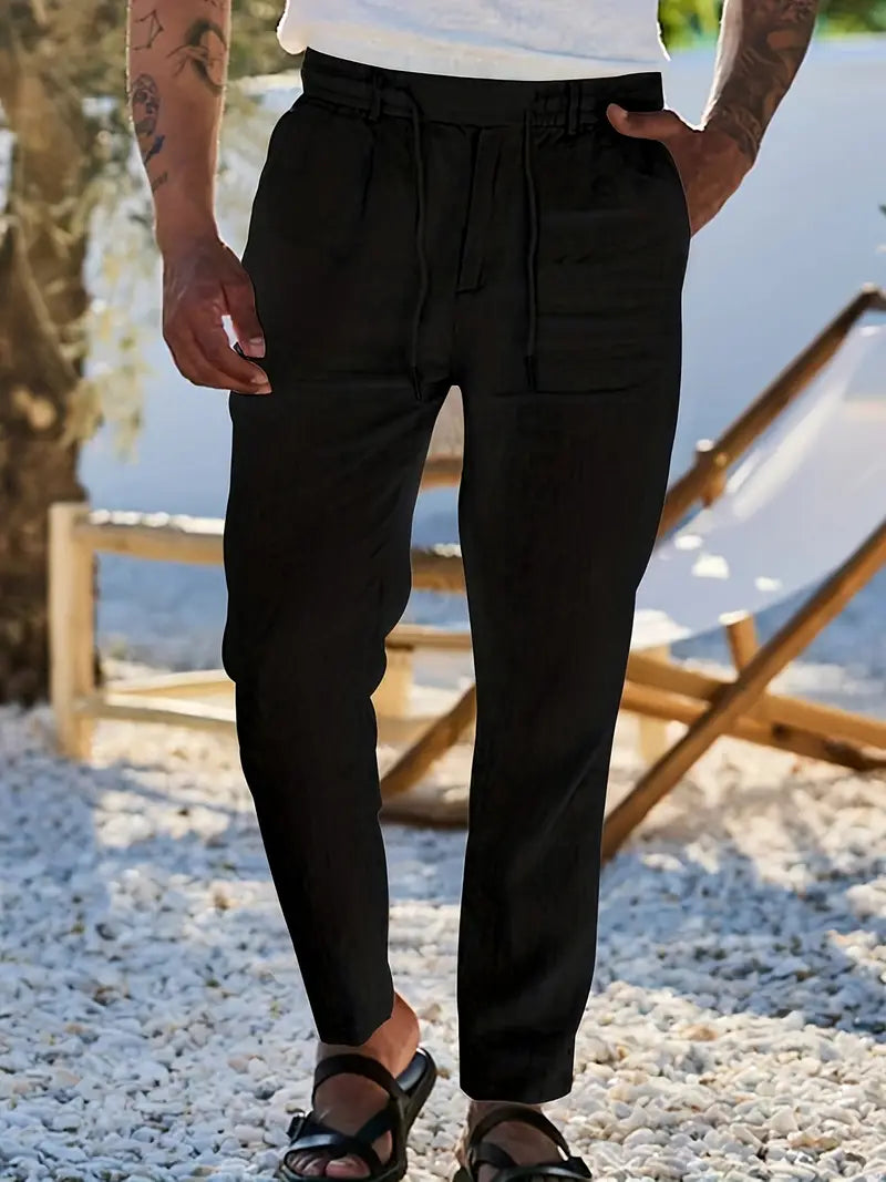 Pantalones de lino hombre, frescos y cómodos, con cordón, ideales para un día relajado.