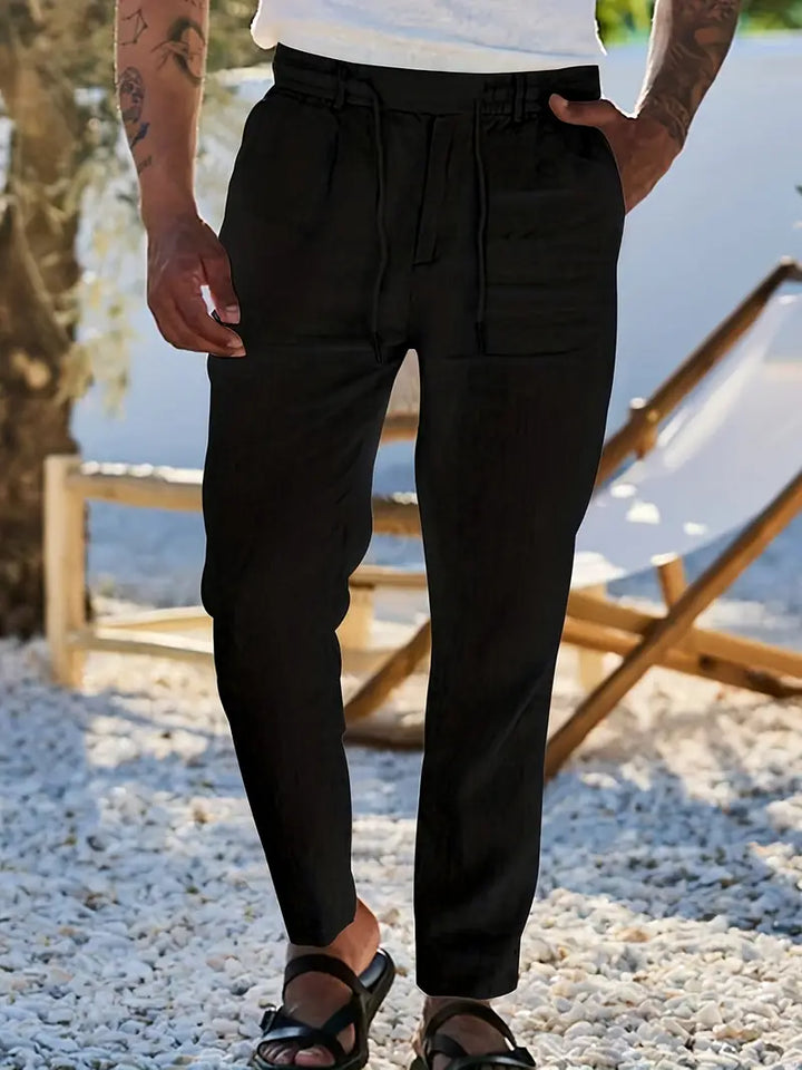 Pantalones de lino hombre, frescos y cómodos, con cordón, ideales para un día relajado.