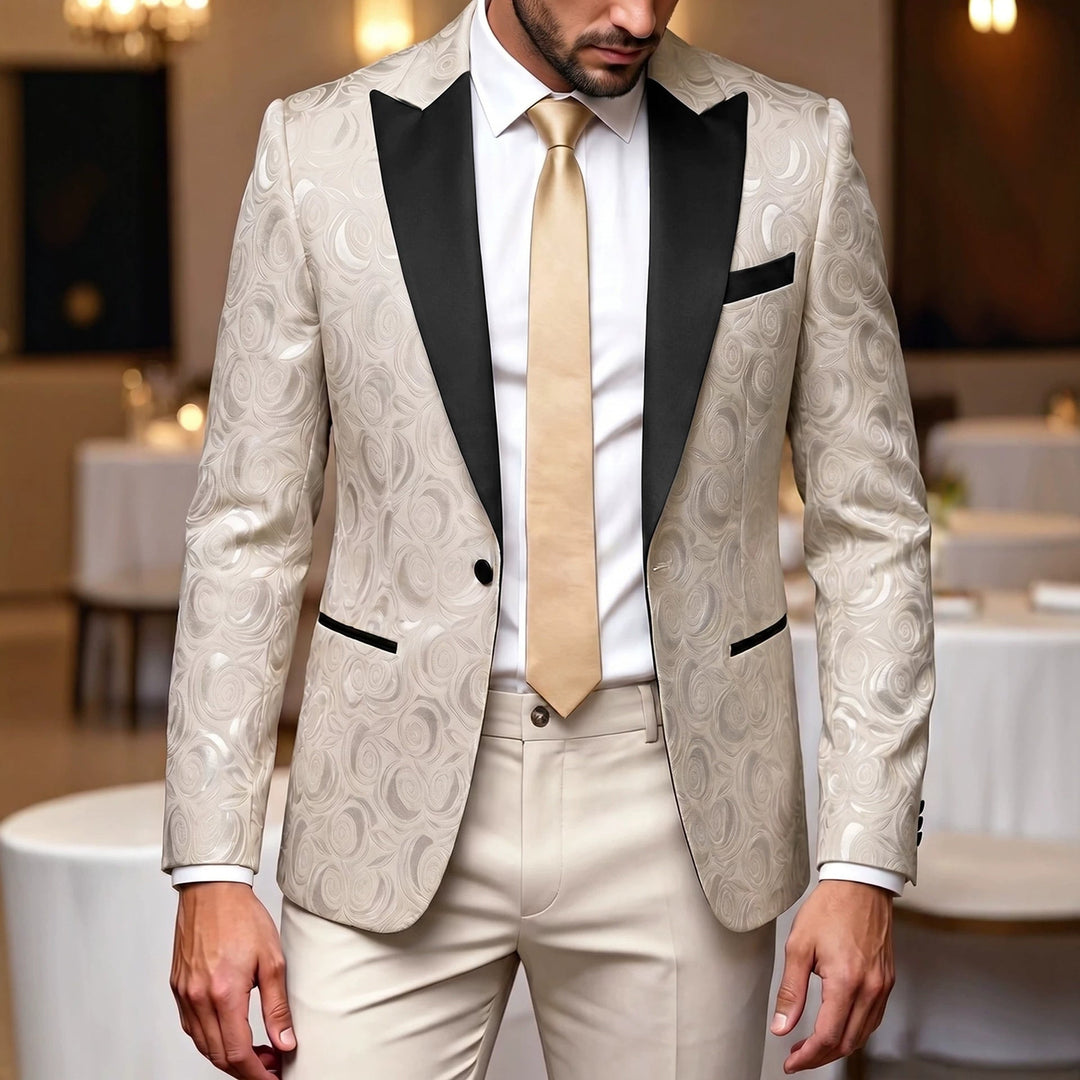 Chaqueta de traje formal hombre elegante en jacquard beige. Perfecta para bodas y eventos de gala.