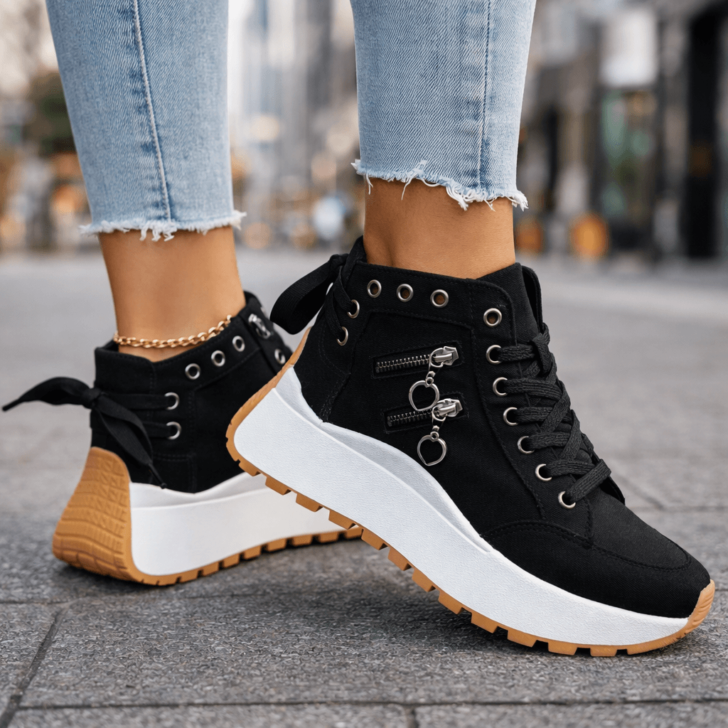 Zapatillas de mujer chunky con plataforma impactante y cremalleras. Un calzado urbano moderno de moda.
