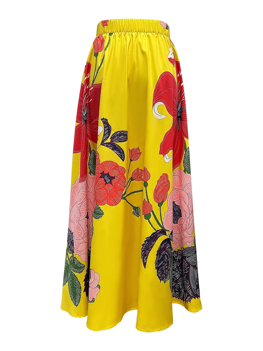 Falda larga floral para mujer con cintura alta, estampado en amarillo y negro. Estilo casual y sofisticado.