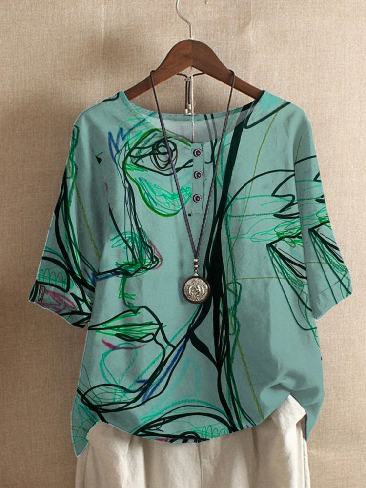 Camiseta casual de mujer con estampado abstracto vibrante. Ideal para primavera/verano, moda femenina cómoda y moderna.