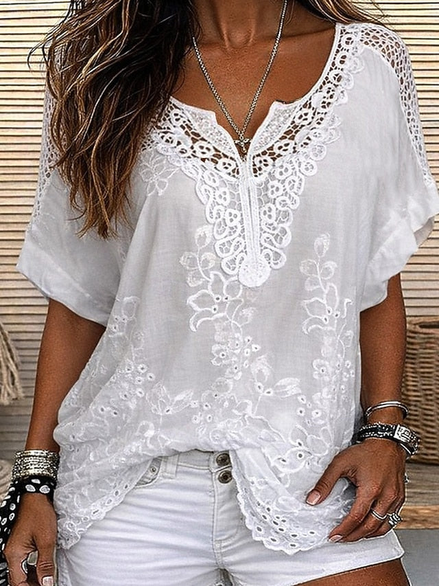 Blusa de mujer ligera y elegante, con encaje y escote en V, ideal para verano. Disponible en tallas grandes.