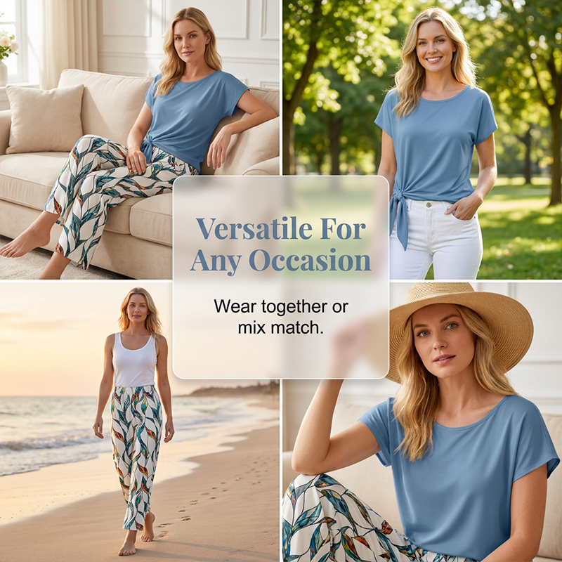 Conjunto de mujer ideal para verano, top blanco anudado y pantalón estampado bohemio y chic.