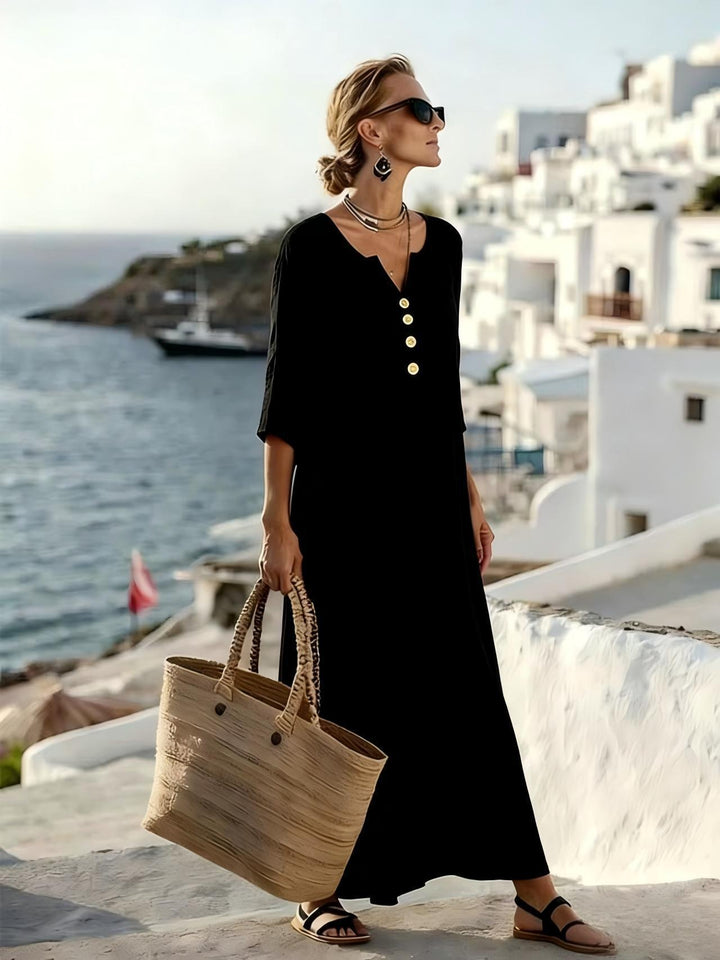 Elegante vestido de playa mujer en algodón y lino, corte fluido y botones, perfecto para verano.