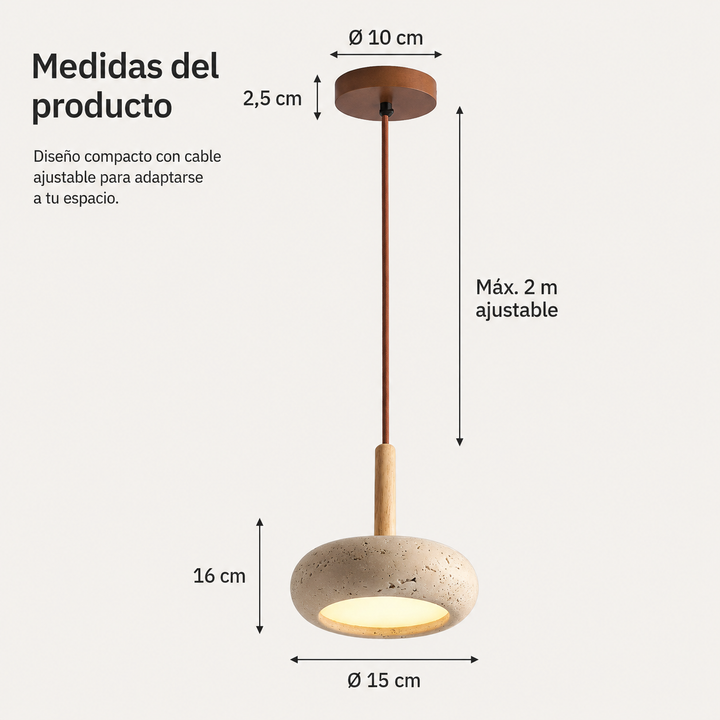 Lámpara LED colgante, diseño oriental con piedra y madera, Ø 15cm, ideal para sala o dormitorio.