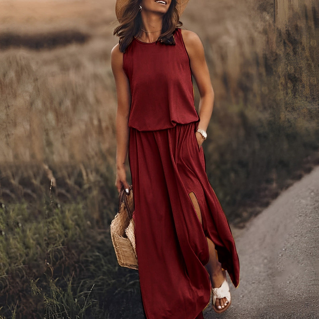 Vestido largo sin mangas para mujer, estilo retro elegante, ideal para verano y ocasiones casuales.