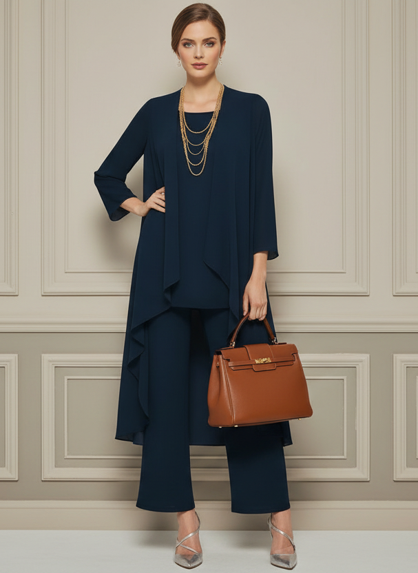 Outfit de mujer de 3 piezas: cárdigan largo, camiseta básica y pantalones elegantes. Ideal para tallas grandes.