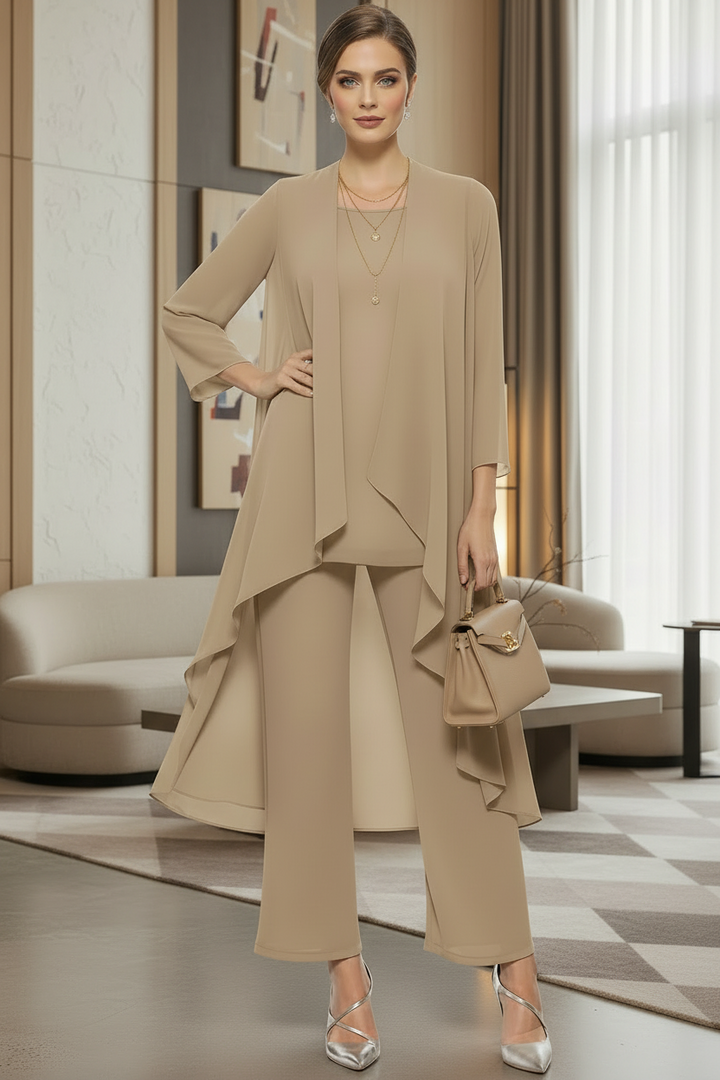 Conjunto de mujer versátil con cárdigan, camiseta y pantalones. Un outfit elegante y cómodo para el día a día.