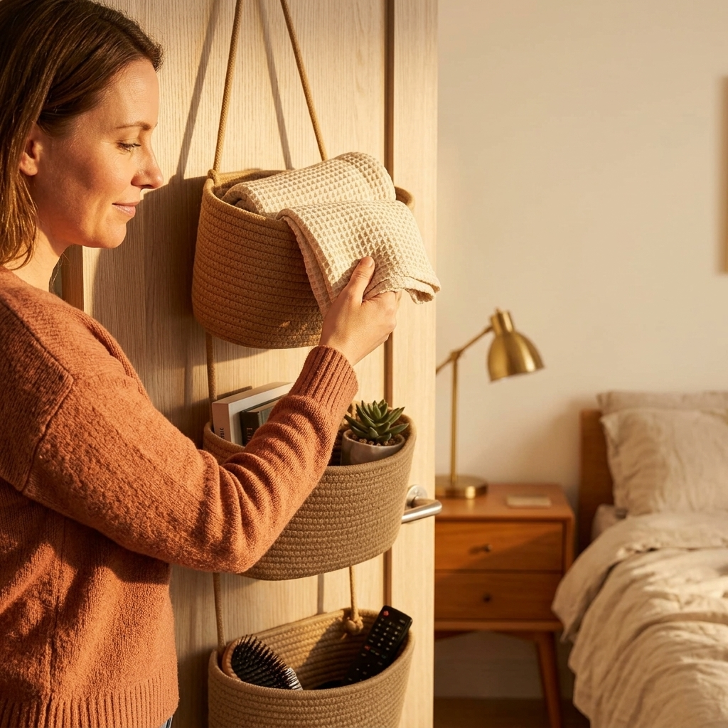 Cesta colgante de algodón estilo boho con 3 niveles. Ahorra espacio en baño, cocina o dormitorio.