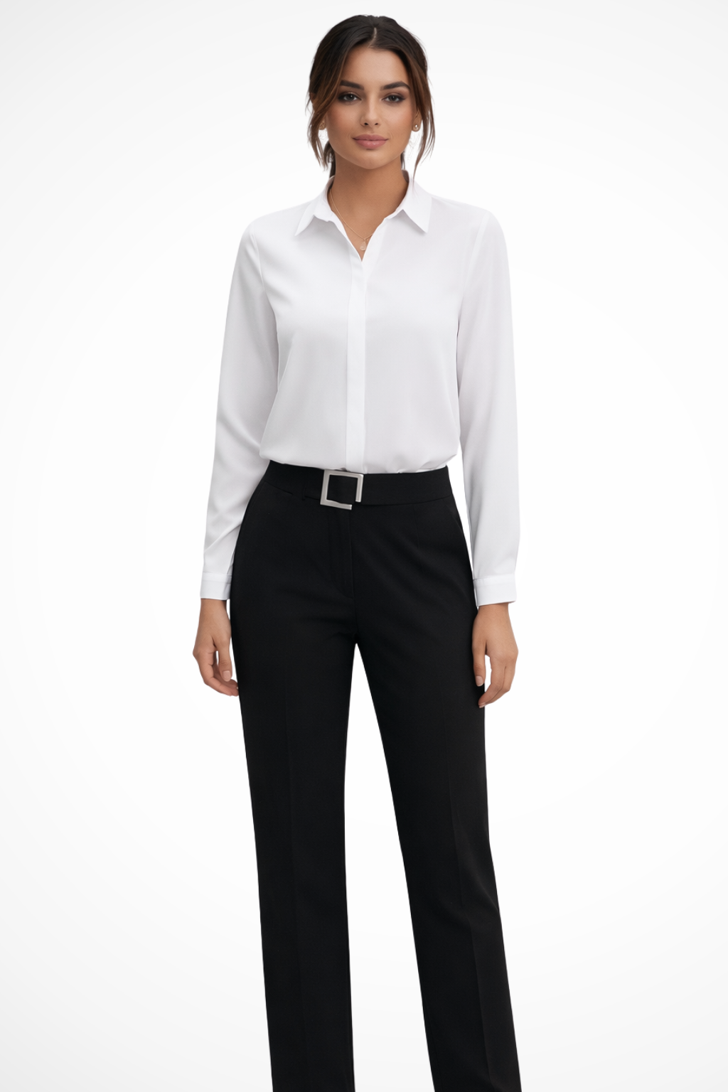 Blusa entallada de mujer, manga larga y cuello clásico. Estilo elegante y versátil para moda femenina.